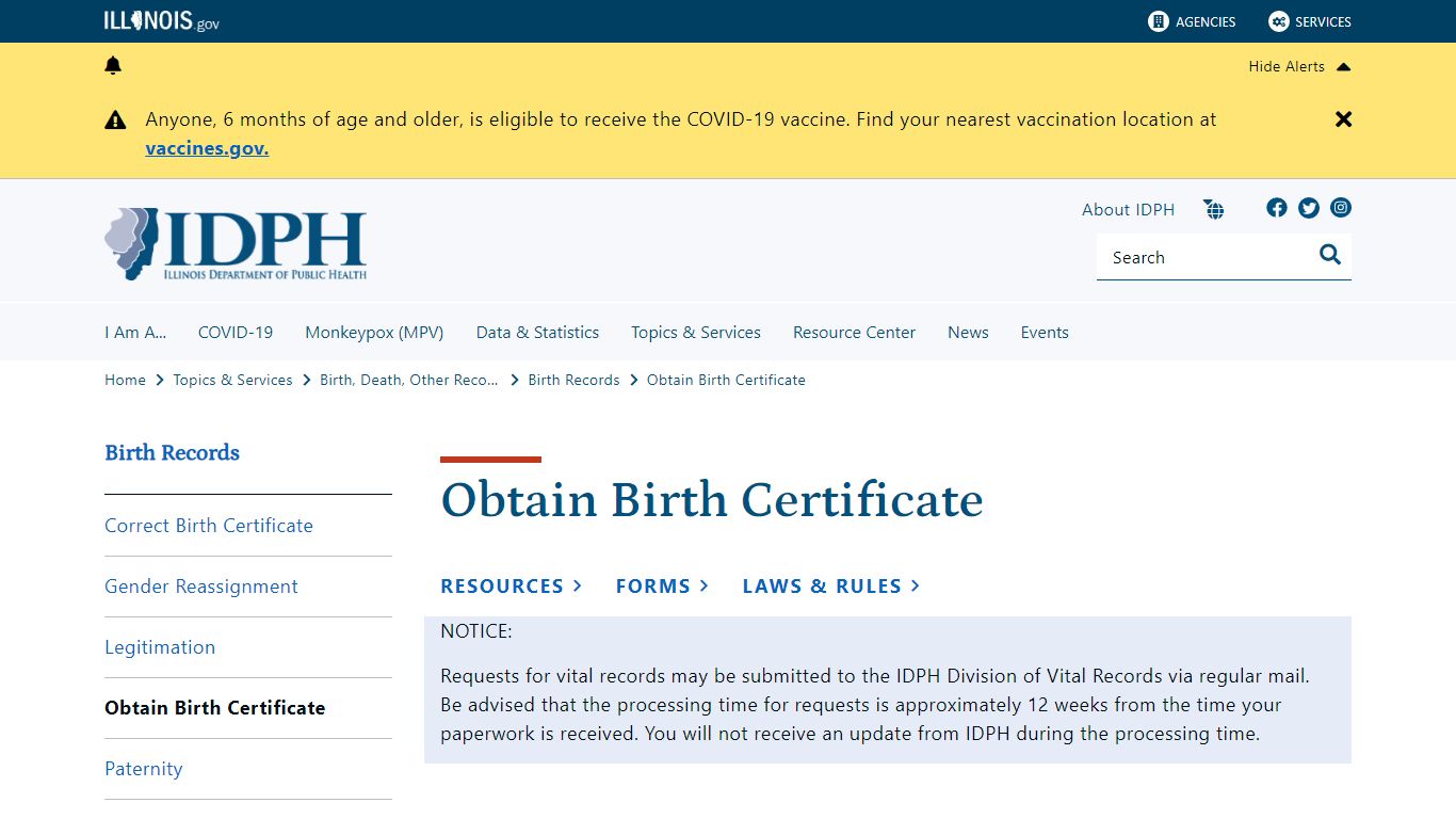 Obtain Birth Certificate - Illinois